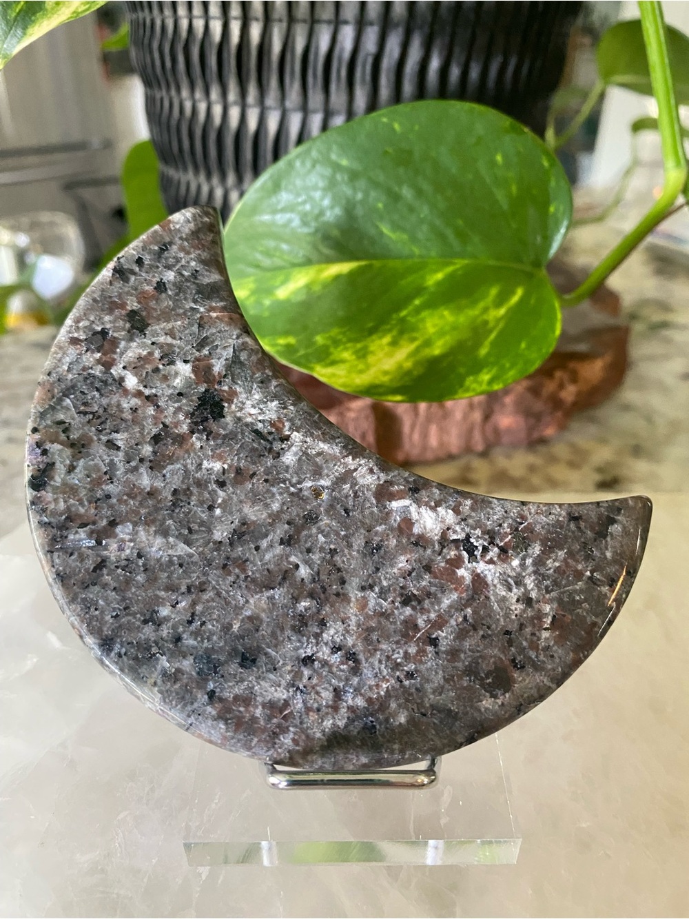 4” Polished Yooperlite Crescent Moon With Stand- Brown Speckled